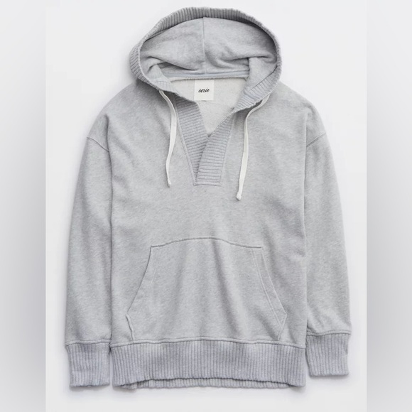 aerie Tops - Aerie Down‑To‑Earth Henley Hoodie Oversized Gray Sweatshirt — XS
